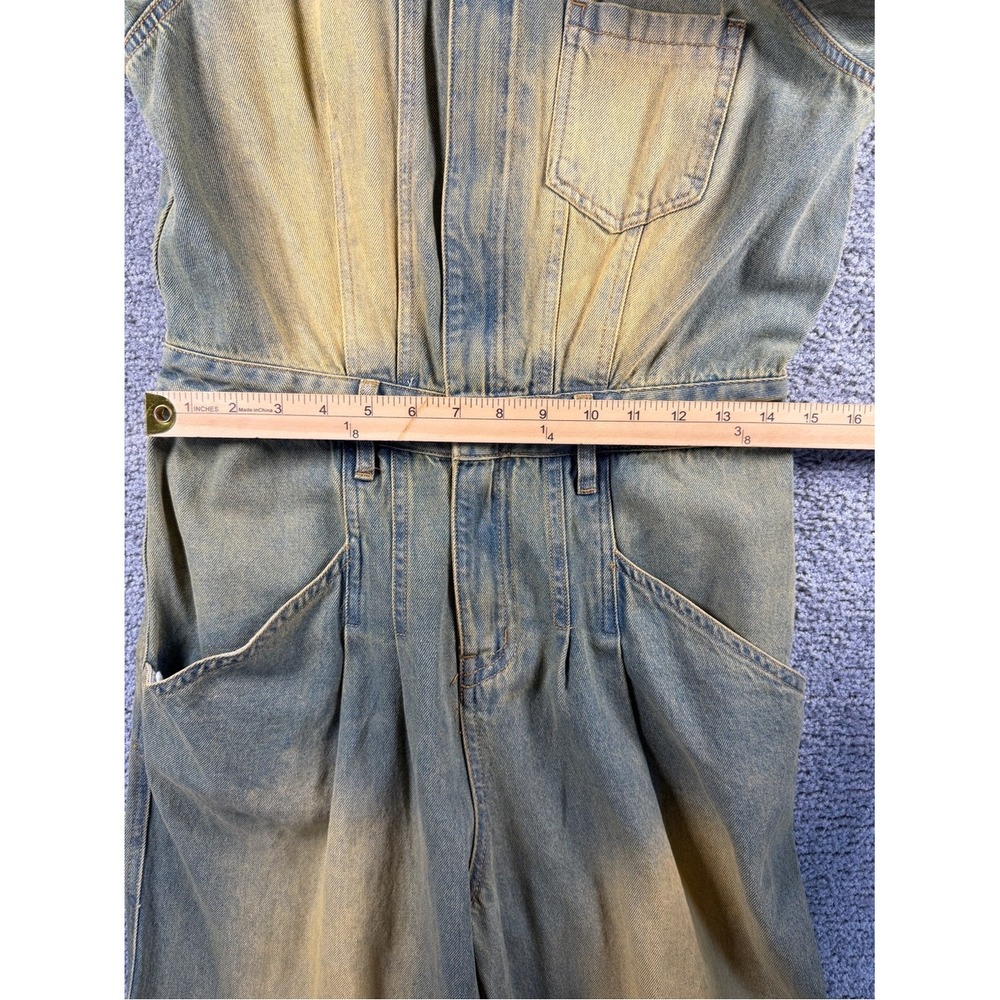 Fashion Nova Treat You Well Vintage Wash Denim Jumpsuit Green Yellow Medium NEW - Picture 7 of 10